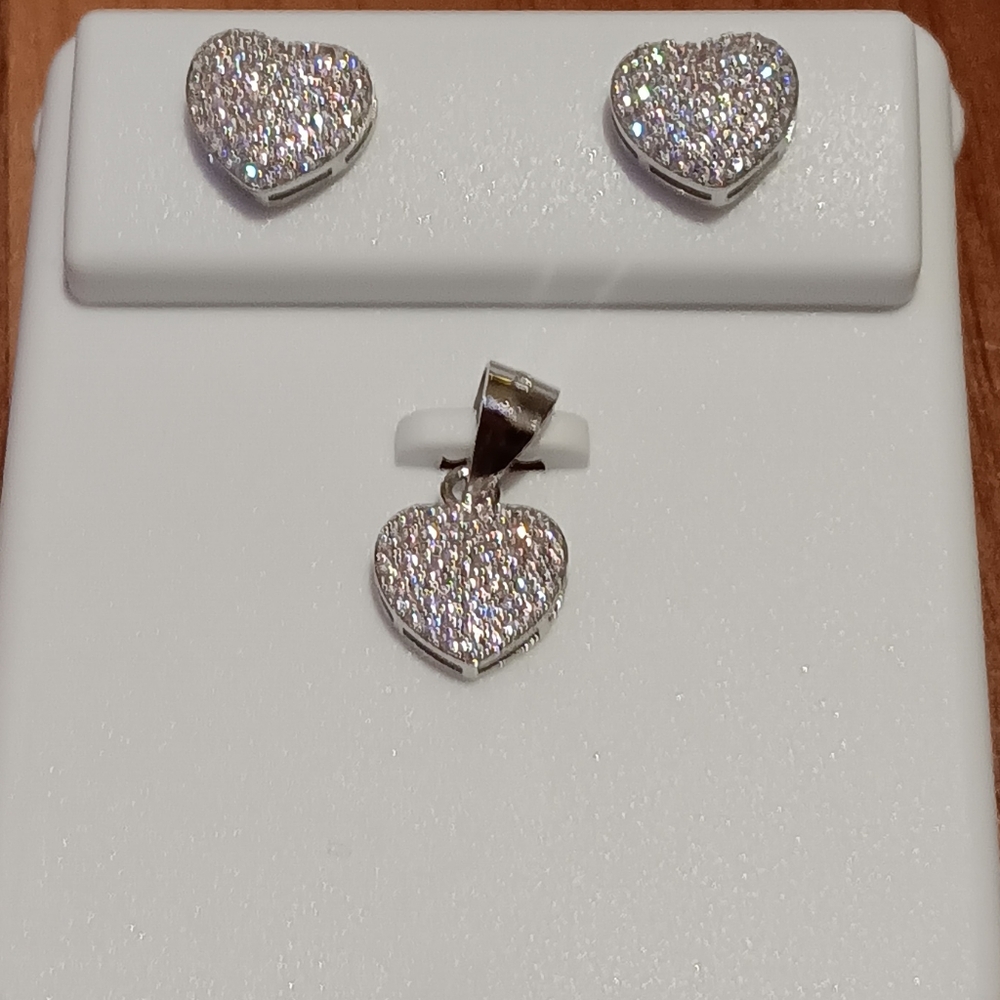 925 SIMULATED DIAMOND Micro Pave Earring & Charm Set Silver